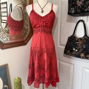 Sakkas Burnt Orange & Silver Threaded Boho Embroidered Fairycore Mini Dress